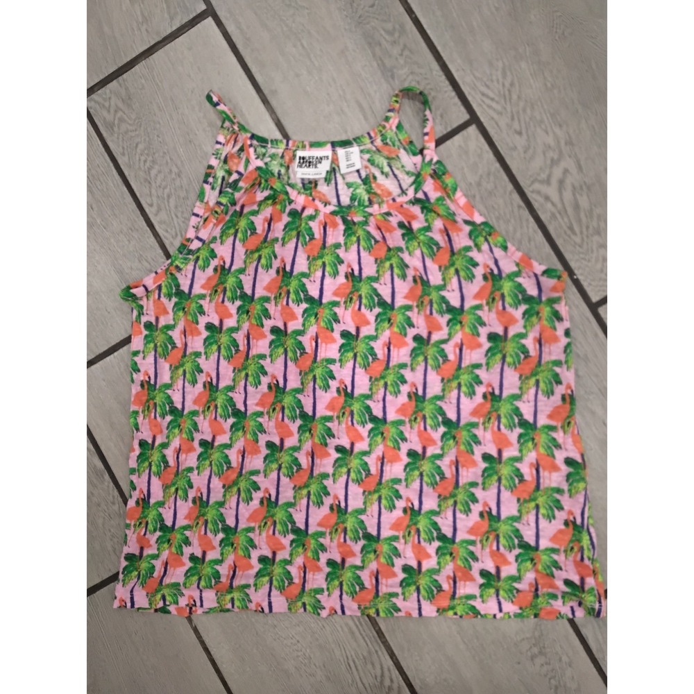Bouffants & Broken Hearts Womens Pink Flamingo Palm Tree 100% Linen Tank Top L